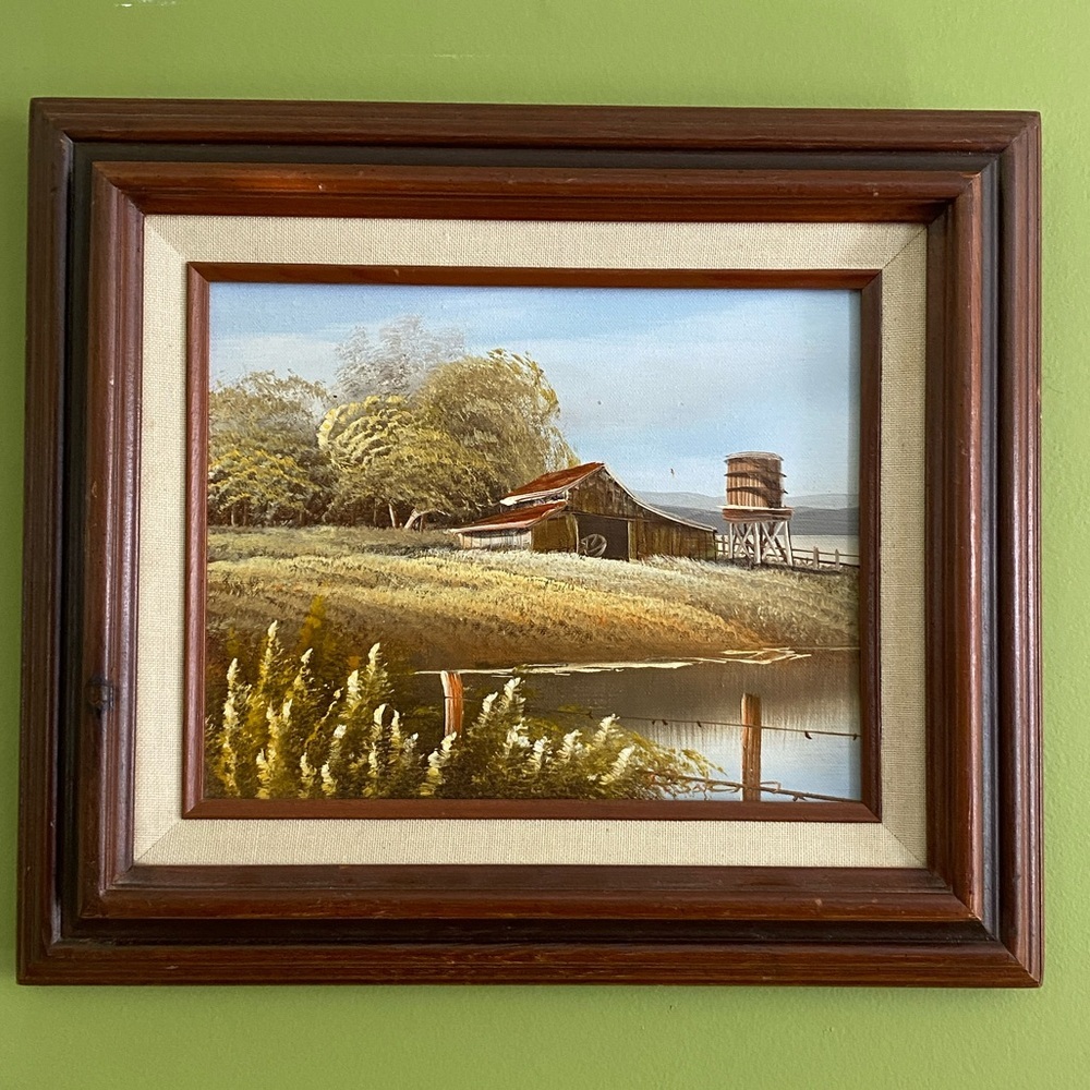 Vintage Rustic Barn Landscape Oil Painting Framed Farmhouse Wall Art